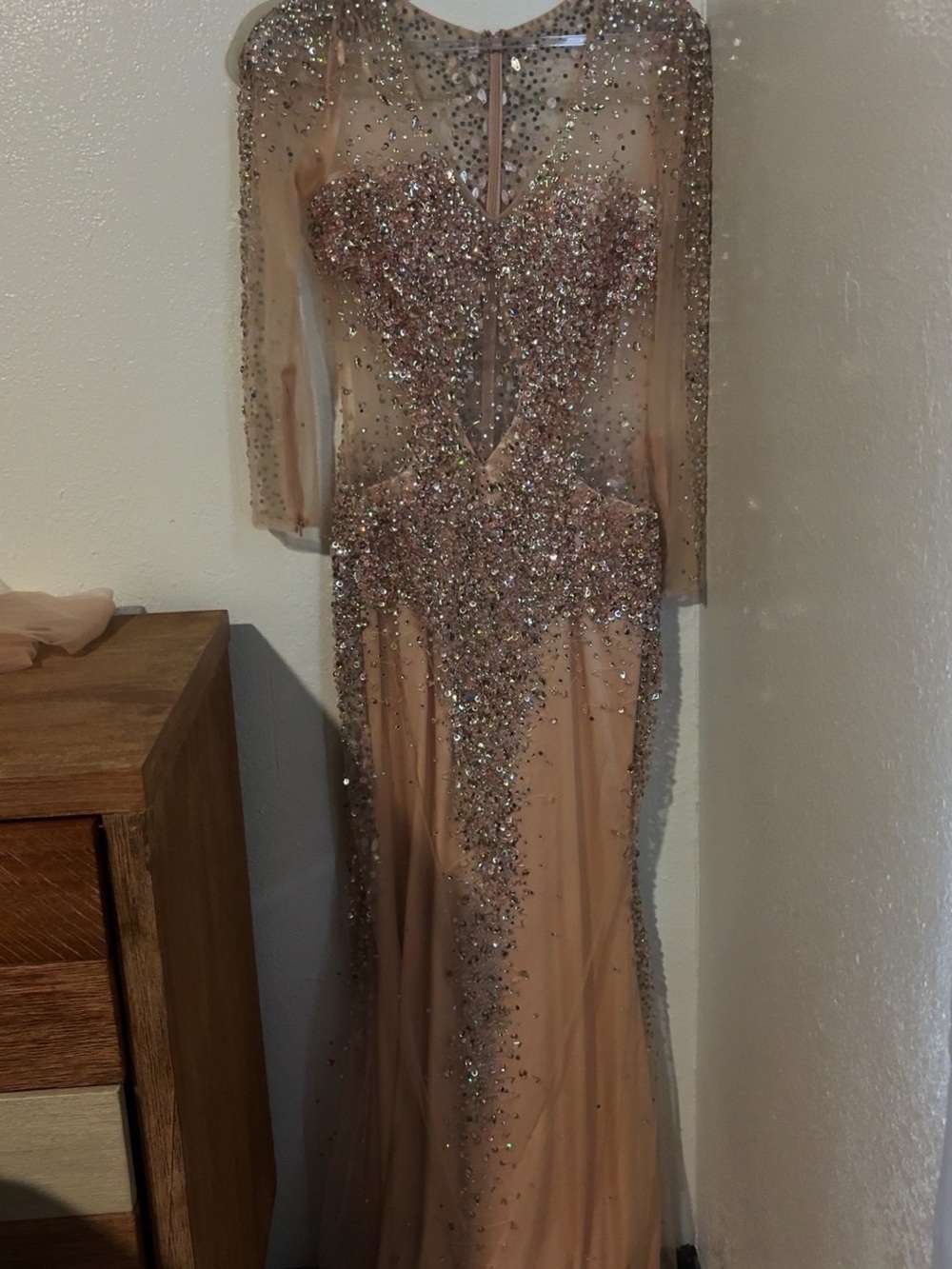 Nude Crystal-Embellished Sheer Long Sleeve Prom Dress
